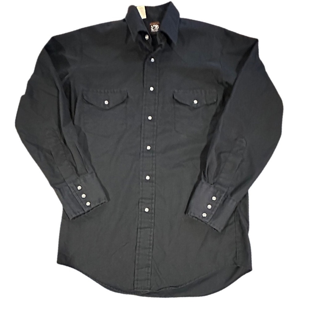 Vintage Karman Mens Western Pearl Snap Shirt Black Long Sleeve Cowboy Yoke L